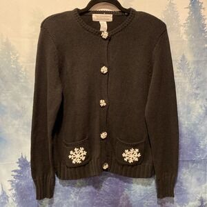 Tiara International Vintage Snowflake  Sweater Black Cardigan Size XL